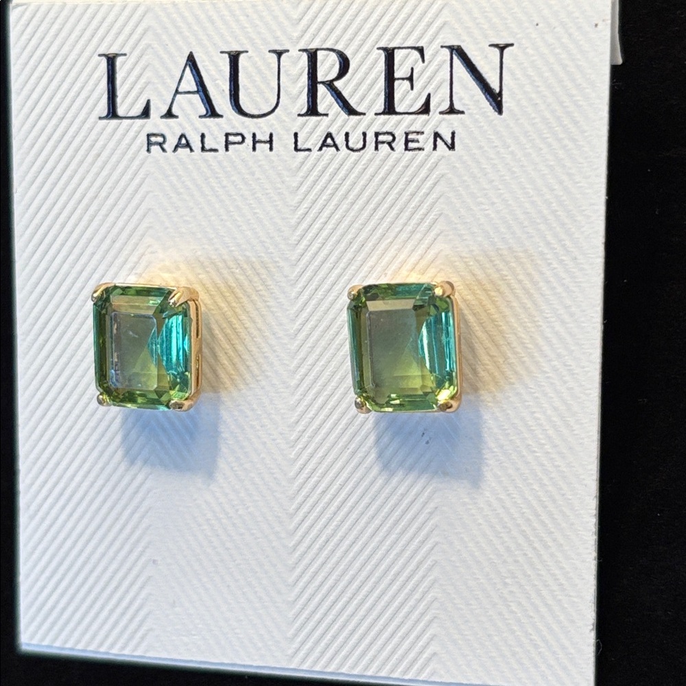 Ralph Lauren Gold Tone Green Square Stud Earrings - Picture 5 of 6